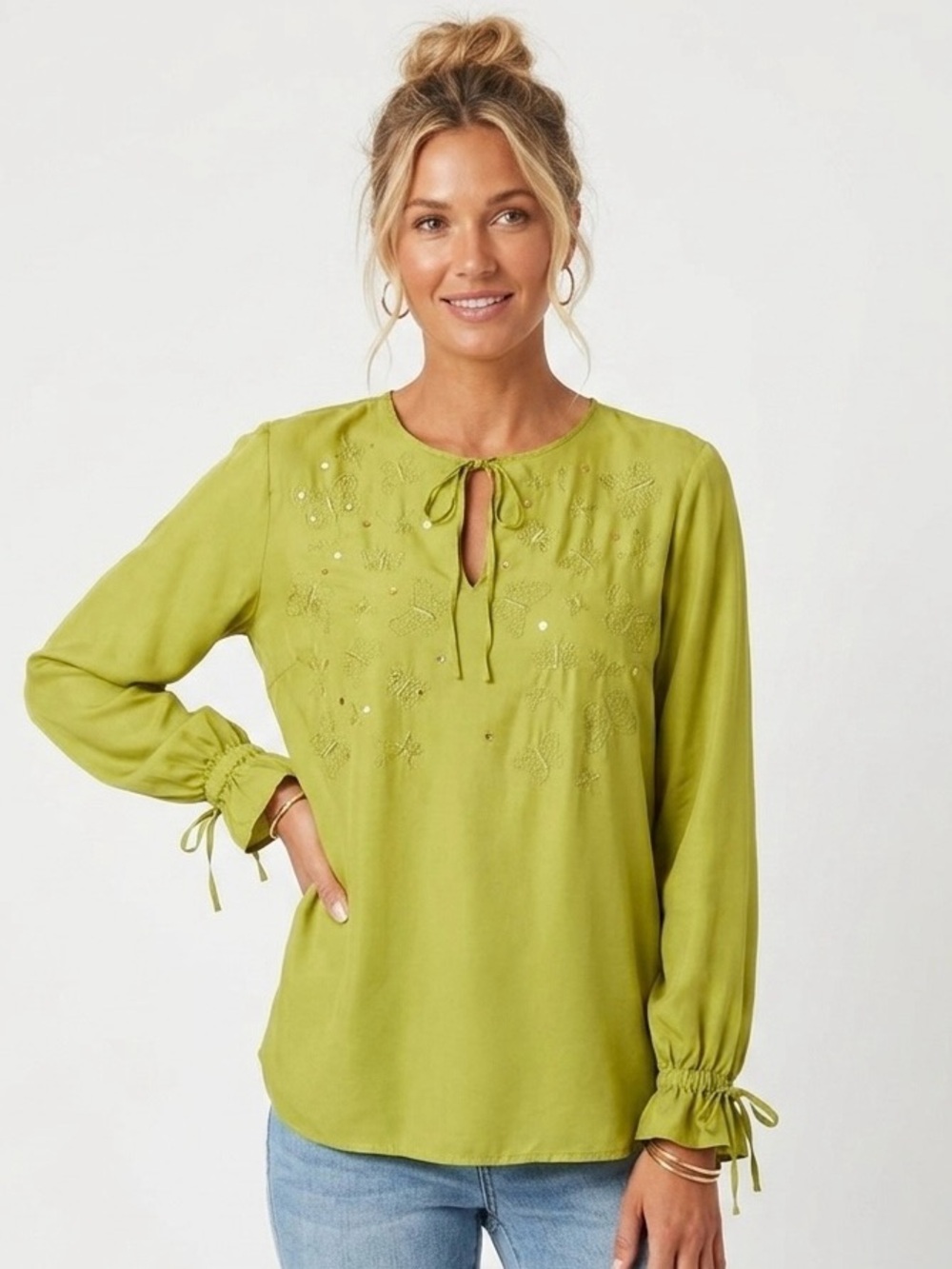 NEW Democracy 100% SILK Blouse top GREEN LARGE sequin Embroidered butterfly